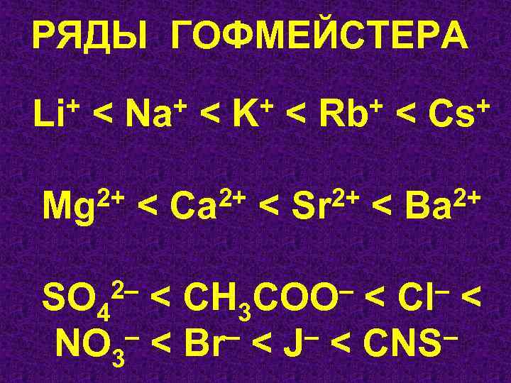 РЯДЫ ГОФМЕЙСТЕРА + < Na+ < K+ < Rb+ < Cs+ Li 2+ <