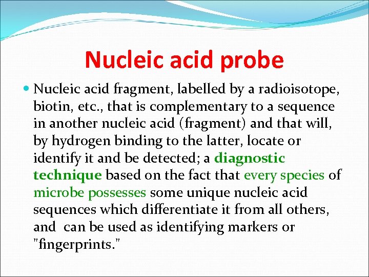 Nucleic acid probe Nucleic acid fragment, labelled by a radioisotope, biotin, etc. , that