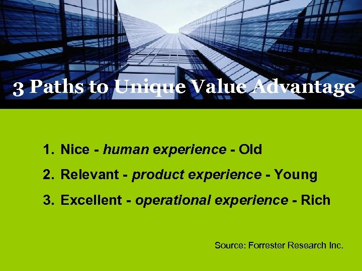 3 Paths to Unique Value Advantage 1. Nice - human experience - Old 2.