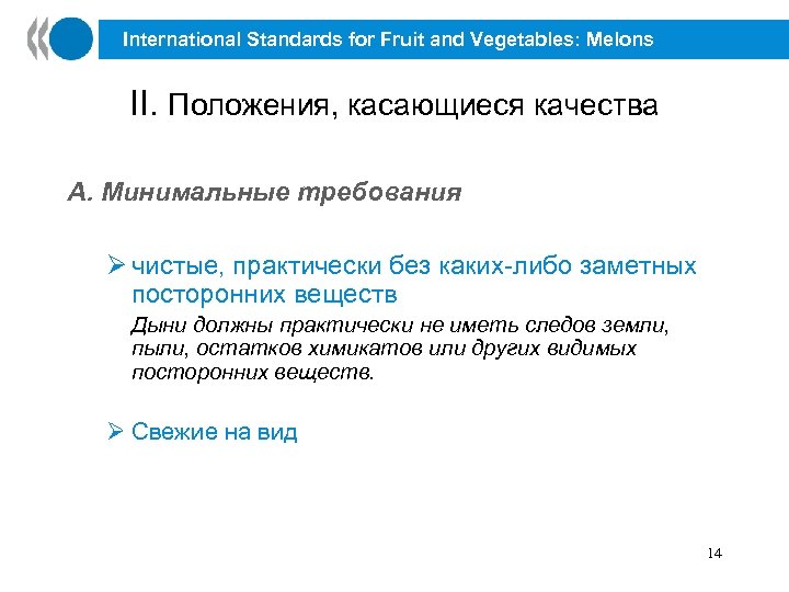 International Standards for Fruit and Vegetables: Melons II. Положения, касающиеся качества A. Минимальные требования