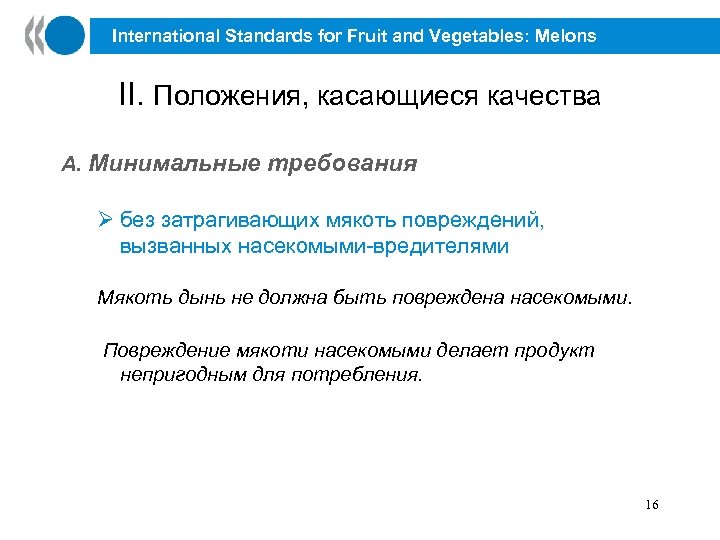 International Standards for Fruit and Vegetables: Melons II. Положения, касающиеся качества A. Минимальные требования