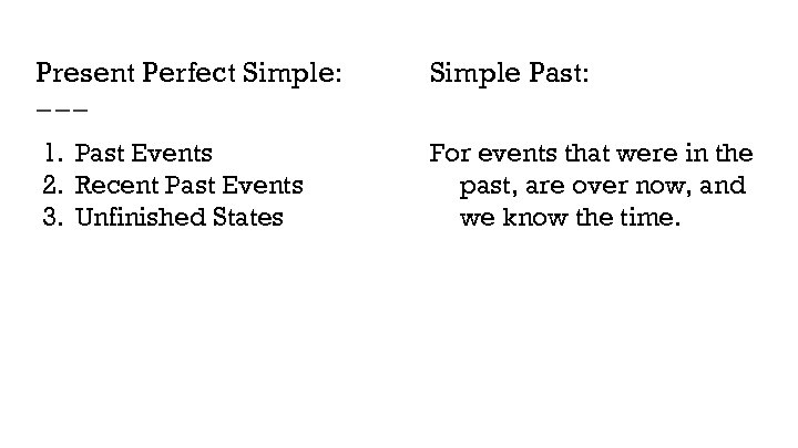 Present Perfect Simple: Simple Past: 1. Past Events 2. Recent Past Events 3. Unfinished