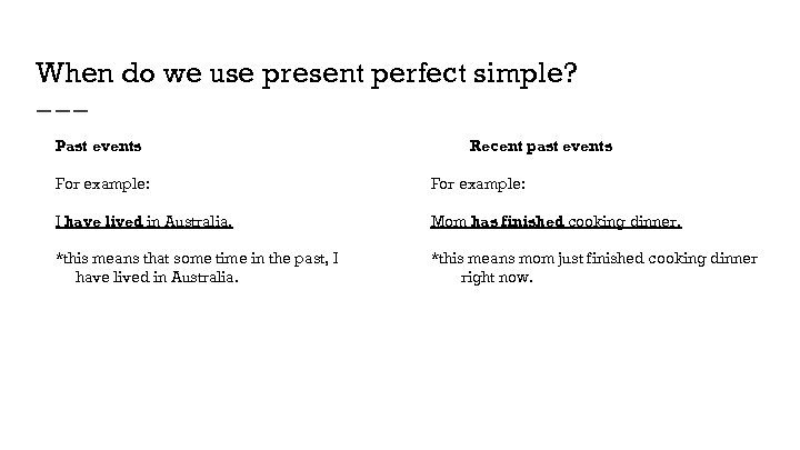 When do we use present perfect simple? Past events Recent past events For example: