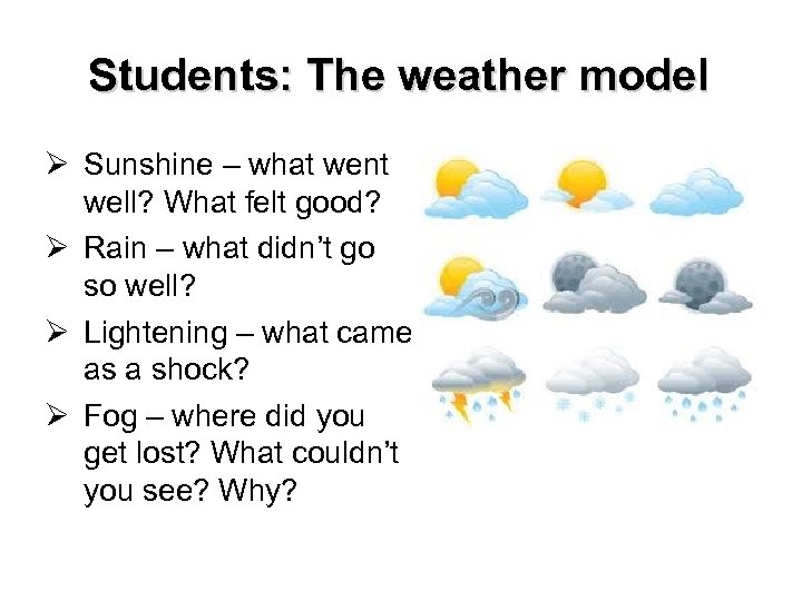 Students: The weather model Ø Sunshine – what went well? What felt good? Ø