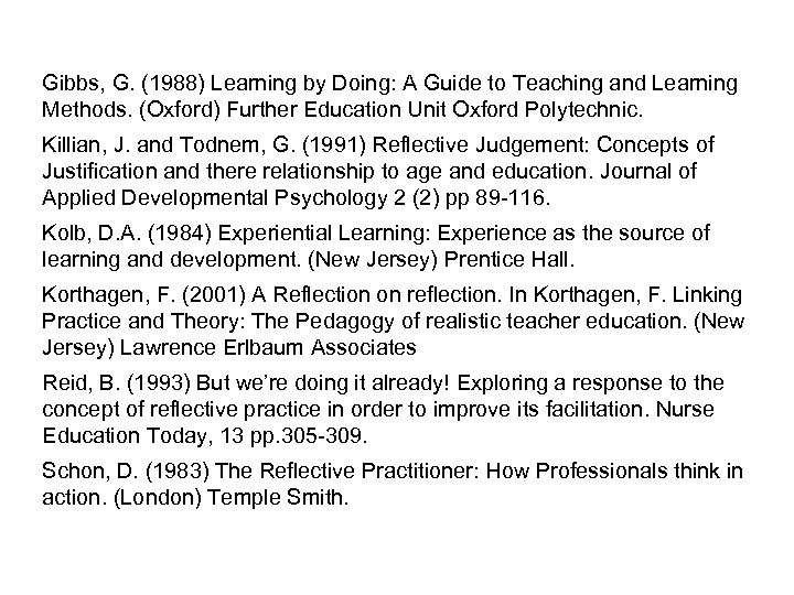 Gibbs, G. (1988) Learning by Doing: A Guide to Teaching and Learning Methods. (Oxford)