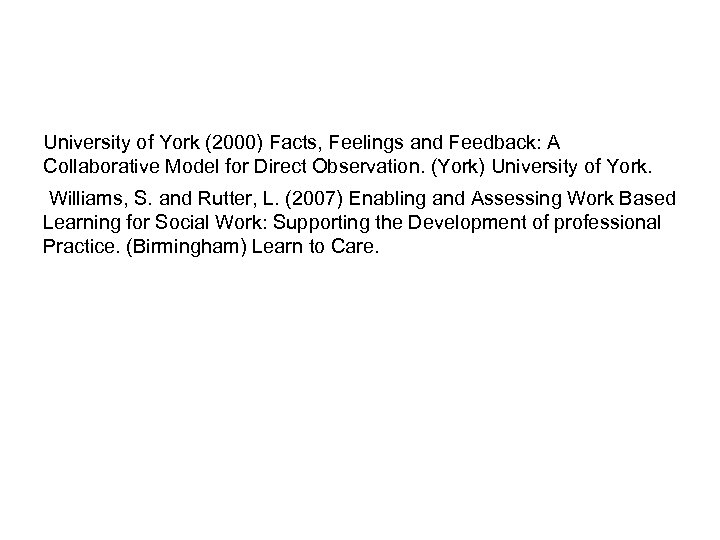 University of York (2000) Facts, Feelings and Feedback: A Collaborative Model for Direct Observation.