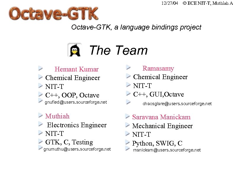 12/27/04 © ECE NIT-T, Muthiah A Octave-GTK, a language bindings project The Team Hemant