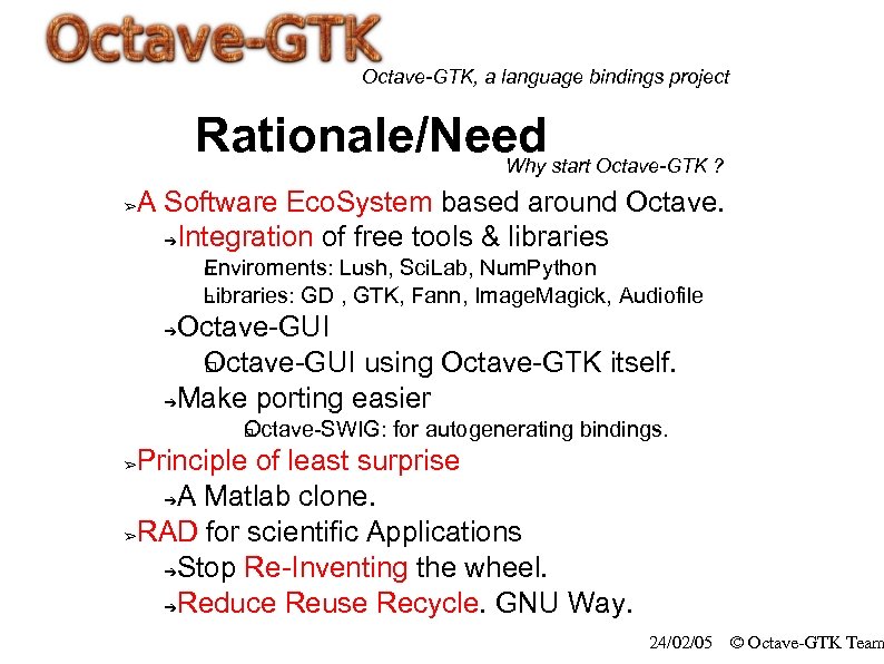 Octave-GTK, a language bindings project Rationale/Need start Octave-GTK ? Why ➢ A Software Eco.