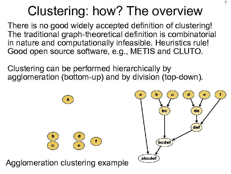 Clustering: how? The overview There is no good widely accepted definition of clustering! The