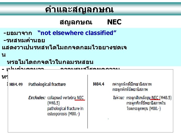 คำและสญลกษณ NEC -ยอมาจาก “not elsewhere classified” -รหสทมคำนอย แสดงวาเปนรหสทไดไมถกจดกลมไวอยางชดเจ น หรอไมไดถกจดไวในกลมรหสอน - เปนคำเตอนวา อาจมรหสโรคทดกวาน หรอมรหสอนๆ
