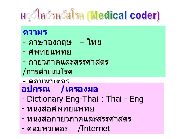 ความร - ภาษาองกฤษ – ไทย - ศพทยแพทย - กายวภาคและสรรศาสตร /การดำเนนโรค - คอมพวเตอร อปกรณ /เครองมอ