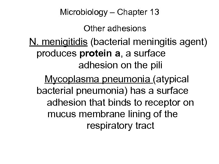 Microbiology – Chapter 13 Other adhesions N. menigitidis (bacterial meningitis agent) produces protein a,