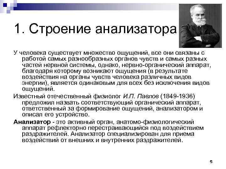 1. Строение анализатора У человека существует множество ощущений, все они связаны с работой самых