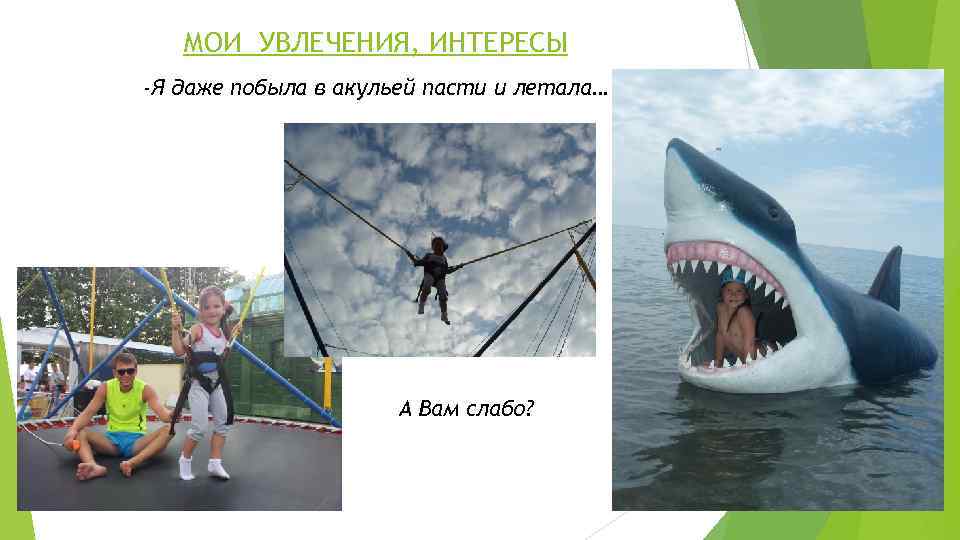 МОИ УВЛЕЧЕНИЯ, ИНТЕРЕСЫ -Я даже побыла в акульей пасти и летала… А Вам слабо?