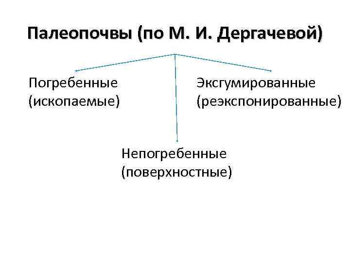 Палеопочвы (по М. И. Дергачевой) Погребенные (ископаемые) Эксгумированные (реэкспонированные) Непогребенные (поверхностные) 