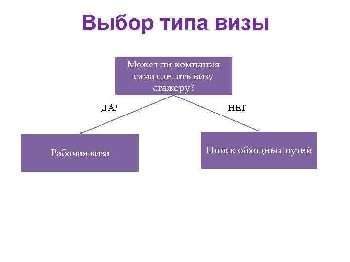 Выбор типа визы Может ли компания сама сделать визу стажеру? ДА! Рабочая виза НЕТ