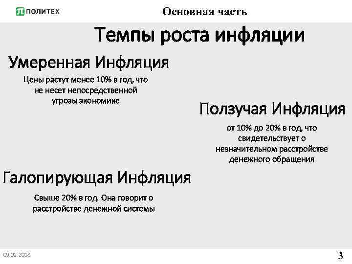 Основная часть Темпы роста инфляции Умеренная Инфляция Цены растут менее 10% в год, что