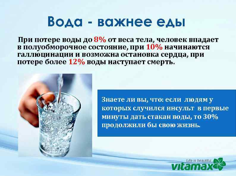 Вода - важнее еды При потере воды до 8% от веса тела, человек впадает