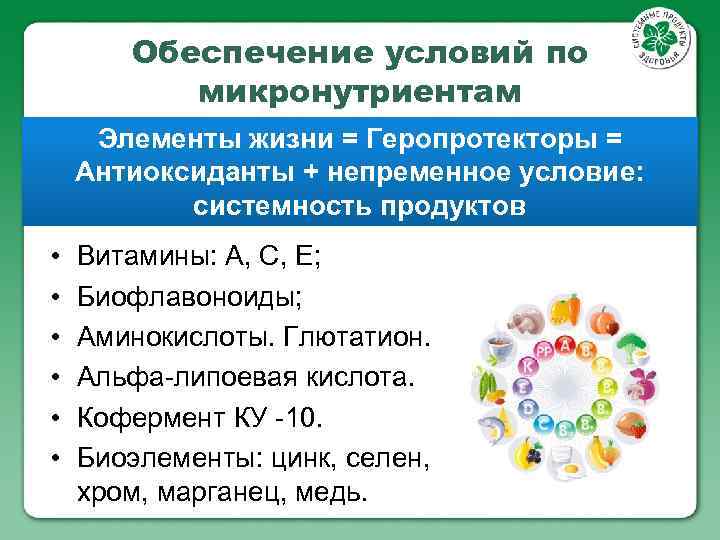 Обеспечение условий по микронутриентам Элементы жизни = Геропротекторы = Антиоксиданты + непременное условие: системность