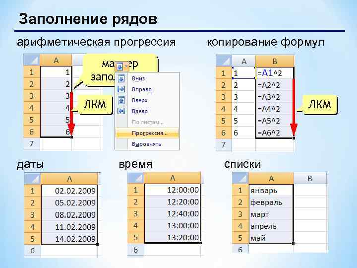 Заполнение рядов арифметическая прогрессия копирование формул маркер заполнения ЛКМ даты ЛКМ время списки 18