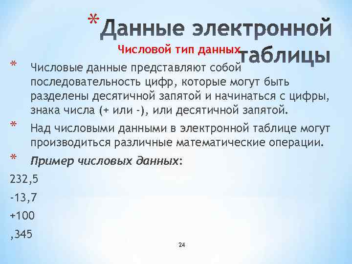 * Числовой тип данных * Числовые данные представляют собой последовательность цифр, которые могут быть