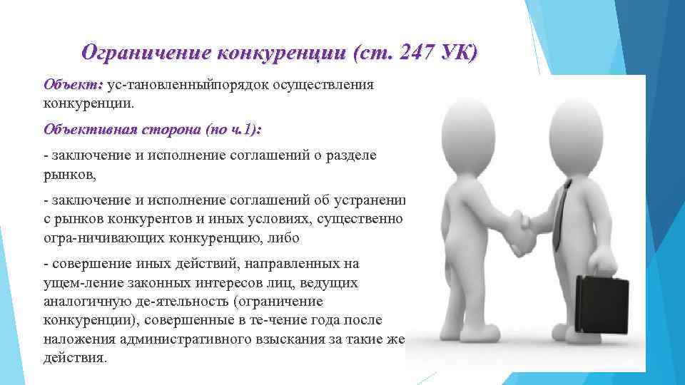 Ограничение конкуренции (ст. 247 УК) Объект: ус тановленный орядок осуществления п конкуренции. Объективная сторона