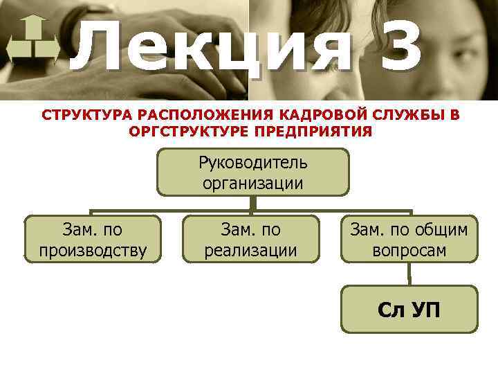 Лекция 3 СТРУКТУРА РАСПОЛОЖЕНИЯ КАДРОВОЙ СЛУЖБЫ В ОРГСТРУКТУРЕ ПРЕДПРИЯТИЯ Руководитель организации Зам. по производству