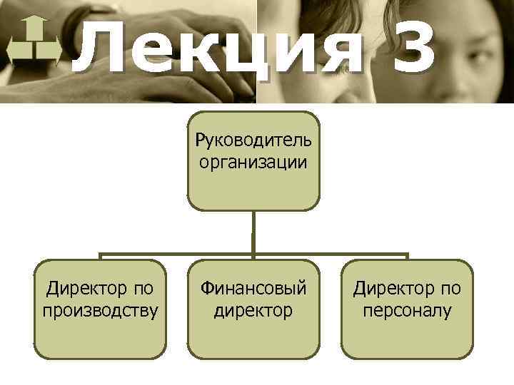 Лекция 3 Руководитель организации Директор по производству Финансовый директор Директор по персоналу 
