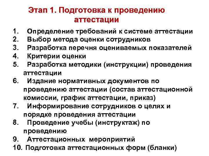Этап 1. Подготовка к проведению аттестации 1. 2. 3. 4. 5. Определение требований к
