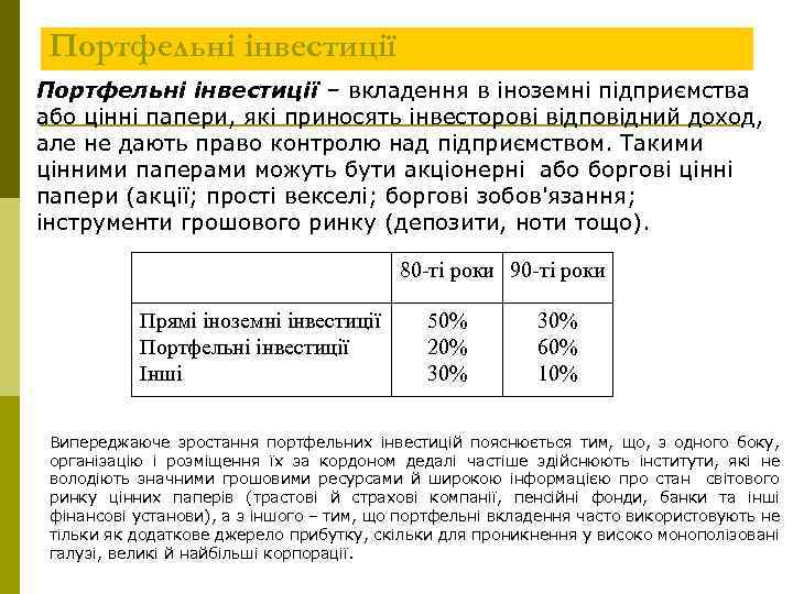 Портфельні інвестиції – вкладення в іноземні підприємства або цінні папери, які приносять інвесторові відповідний