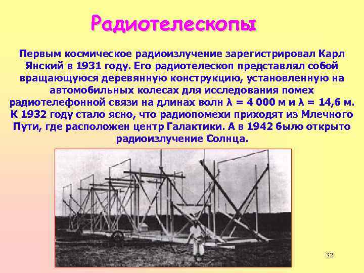 Радиотелескопы Первым космическое радиоизлучение зарегистрировал Карл Янский в 1931 году. Его радиотелескоп представлял собой