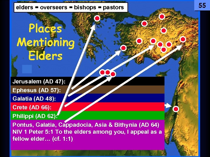 55 elders = Testament The Newoverseers = bishops = pastors Comes Together Places Mentioning