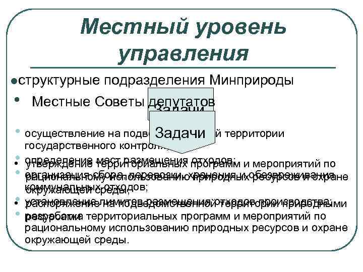 Местный уровень управления lструктурные • подразделения Минприроды Местные Советы депутатов Задачи • осуществление на