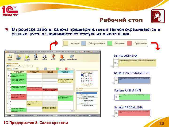 Рабочий стол В процессе работы салона предварительные записи окрашиваются в разные цвета в зависимости
