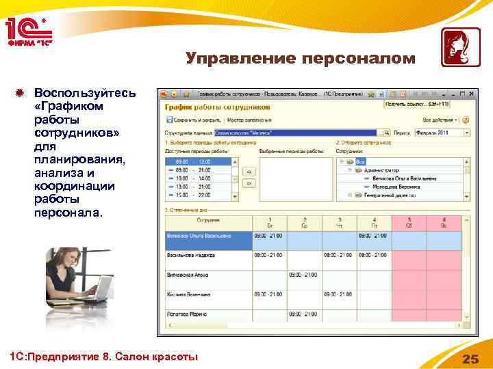 Управление персоналом Воспользуйтесь «Графиком работы сотрудников» для планирования, анализа и координации работы персонала. 1