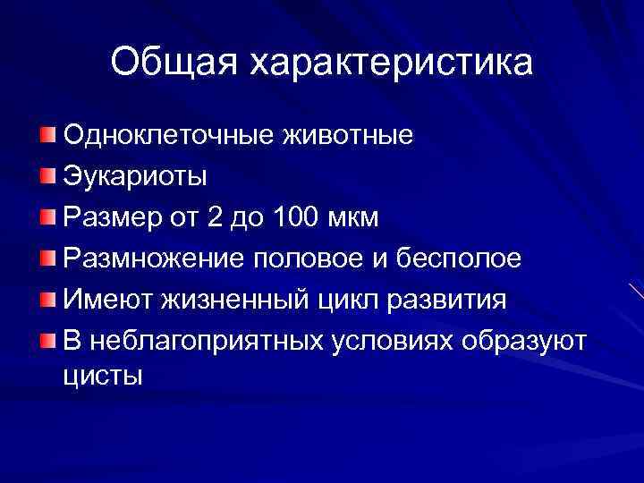 Общая характеристика Одноклеточные животные Эукариоты Размер от 2 до 100 мкм Размножение половое и