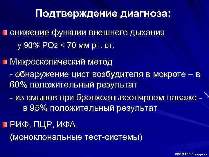 Подтверждение диагноза: снижение функции внешнего дыхания у 90% РО 2 < 70 мм рт.