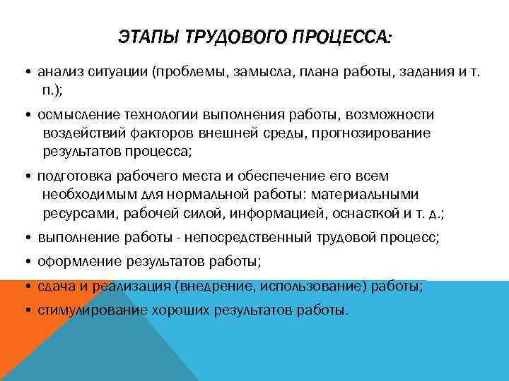 ЭТАПЫ ТРУДОВОГО ПРОЦЕССА: • анализ ситуации (проблемы, замысла, плана работы, задания и т. п.