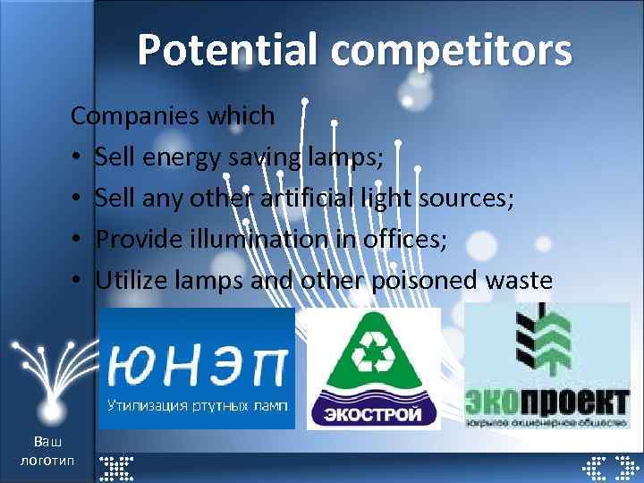 Potential competitors Companies which • Sell energy saving lamps; • Sell any other artificial