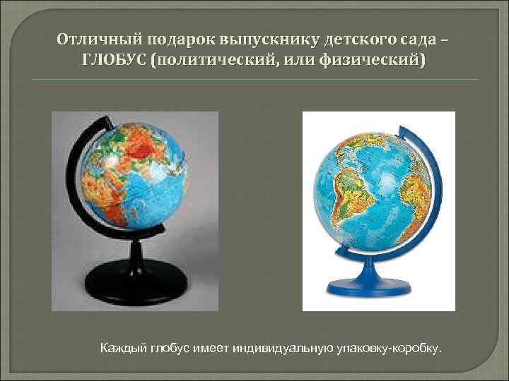 Отличный подарок выпускнику детского сада – ГЛОБУС (политический, или физический) Каждый глобус имеет индивидуальную