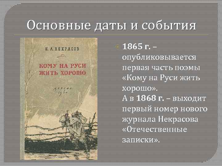 Основные даты и события 1865 г. – опубликовывается первая часть поэмы «Кому на Руси