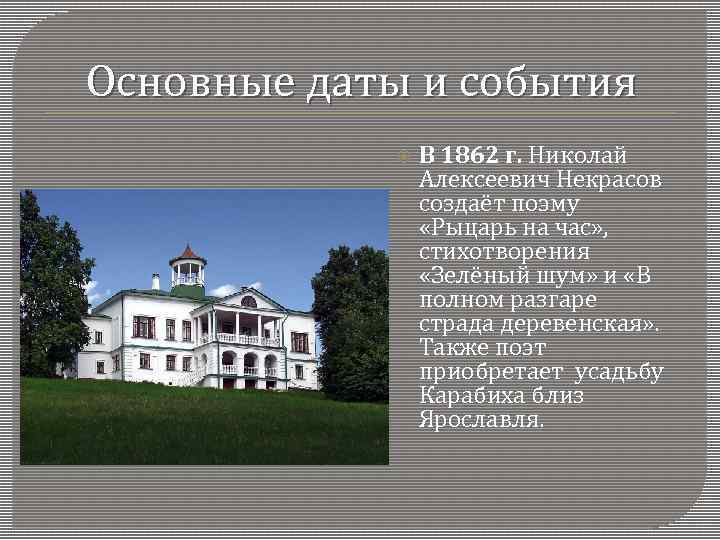 Основные даты и события В 1862 г. Николай Алексеевич Некрасов создаёт поэму «Рыцарь на