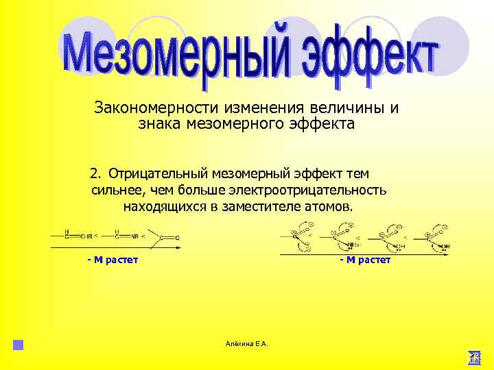 Закономерности изменения величины и знака мезомерного эффекта 2. Отрицательный мезомерный эффект тем сильнее, чем