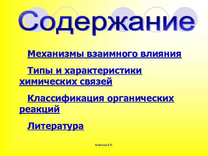 Механизмы взаимного влияния Типы и характеристики химических связей Классификация органических реакций Литература Алёхина Е.