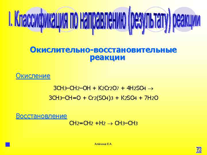 Окислительно-восстановительные реакции Окисление 3 СН 3–СH 2–ОН + K 2 Cr 2 O 7