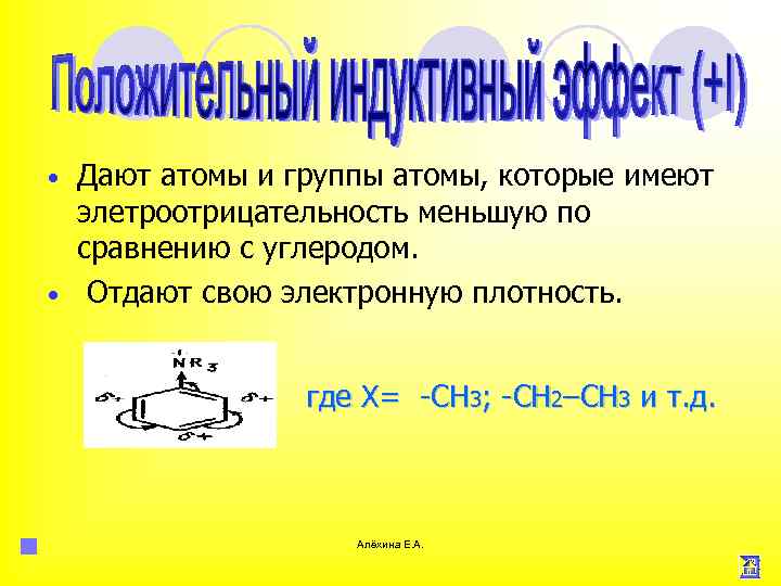 Дают атомы и группы атомы, которые имеют элетроотрицательность меньшую по сравнению с углеродом. •