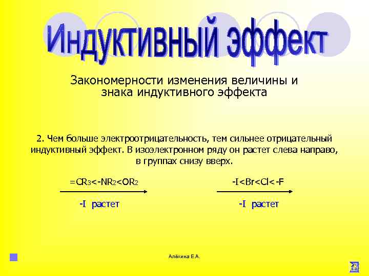 Закономерности изменения величины и знака индуктивного эффекта 2. Чем больше электроотрицательность, тем сильнее отрицательный