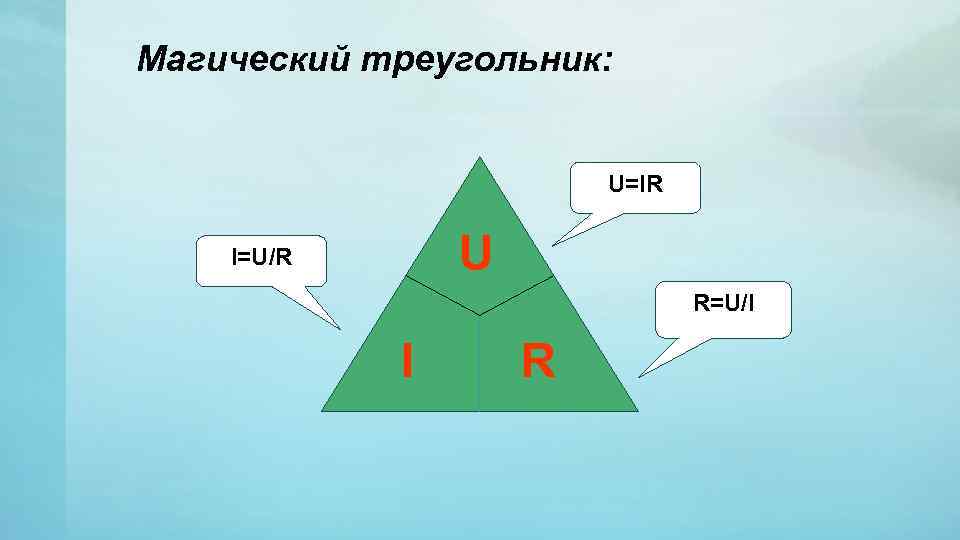 Магический треугольник: U=IR U I=U/R R=U/I I R 