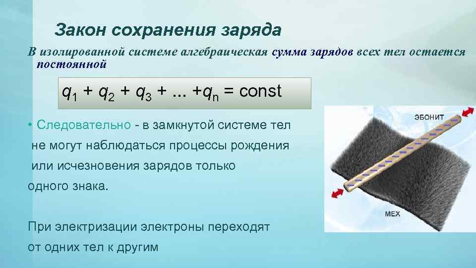 Закон сохранения заряда В изолированной системе алгебраическая сумма зарядов всех тел остается постоянной q