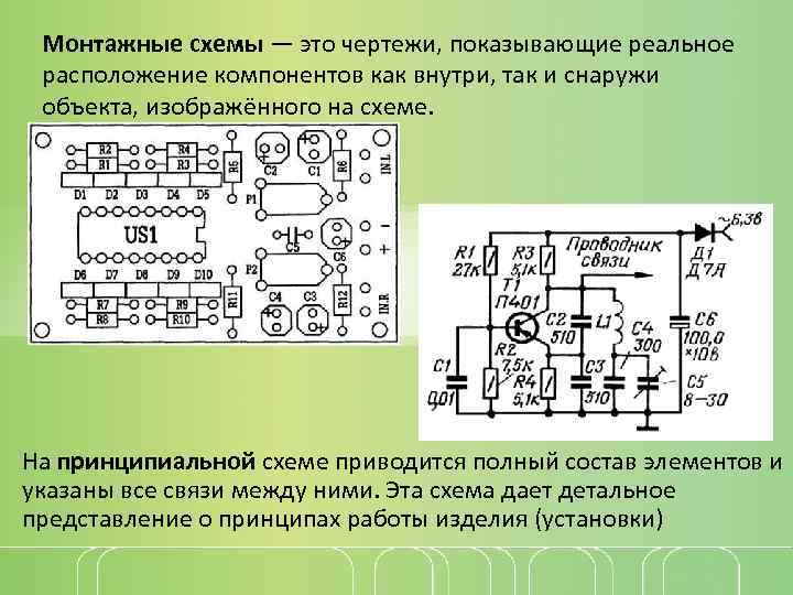 Монтажные схемы — это чертежи, показывающие реальное расположение компонентов как внутри, так и снаружи